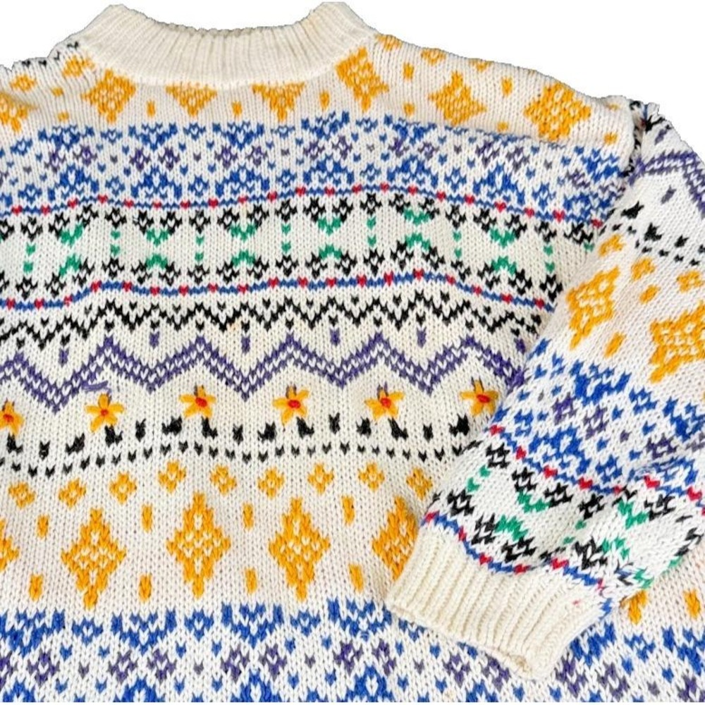 Vintage 90s Anchor Blue Nordic Knit Sweater Mens Large Ramie Cotton Geometric